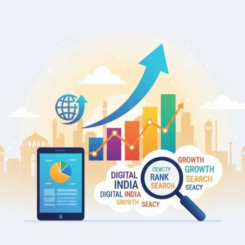 Bar chart with an upward arrow and magnifying glass analyzing keywords over a stylized Indian city skyline.